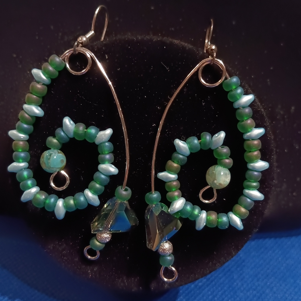 Huge Earrings Silver Plated Copper Wire With Beads Crystal Hearts